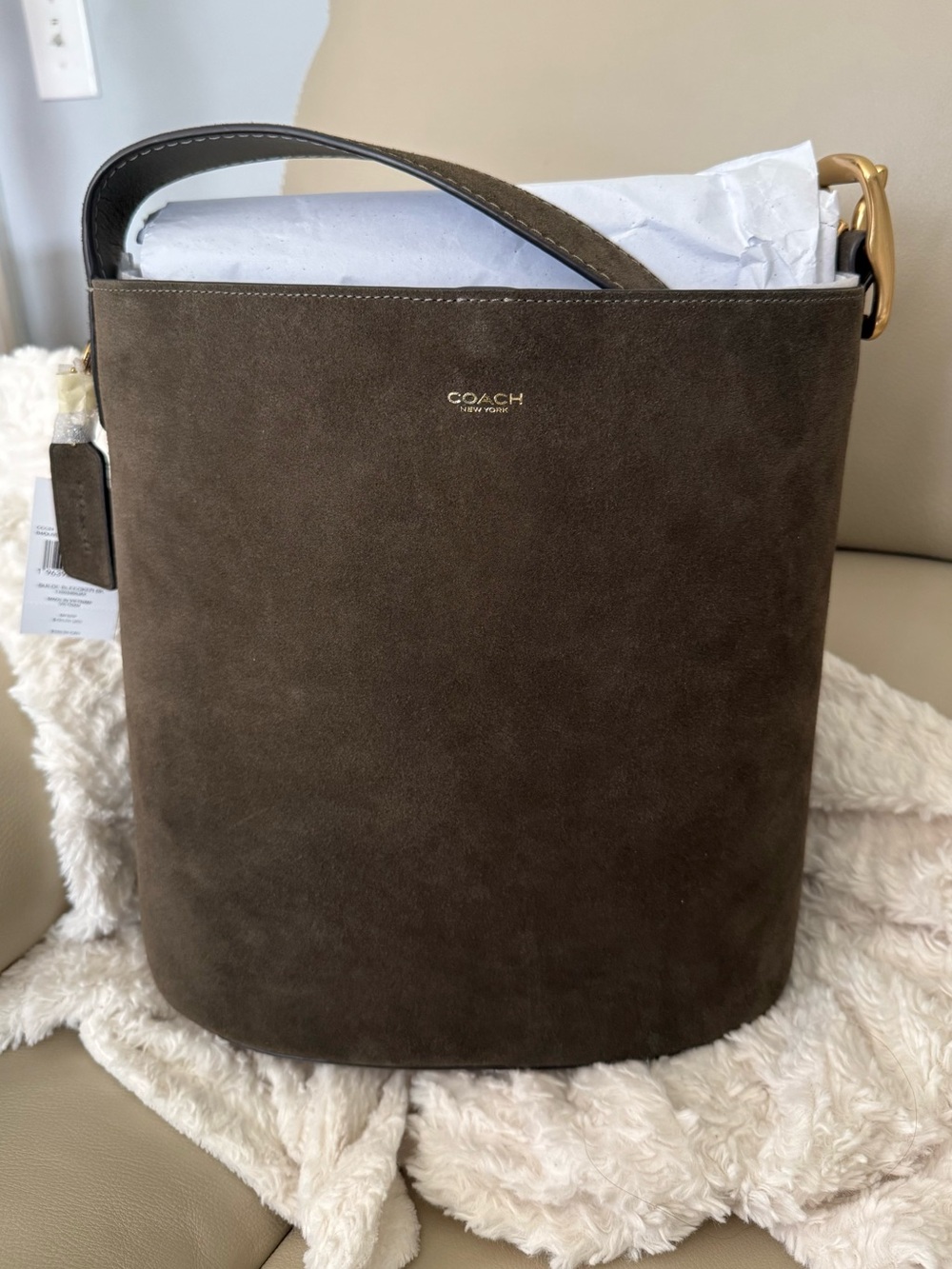 🤍New Coach Bleecker Bucket Bag- Olive Green Suede (Without Zip Pouch)